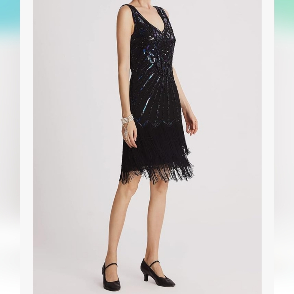 Elegant Black Sequin Flapper Dress 1920s Great Gatsby Style - Picture 15 of 16